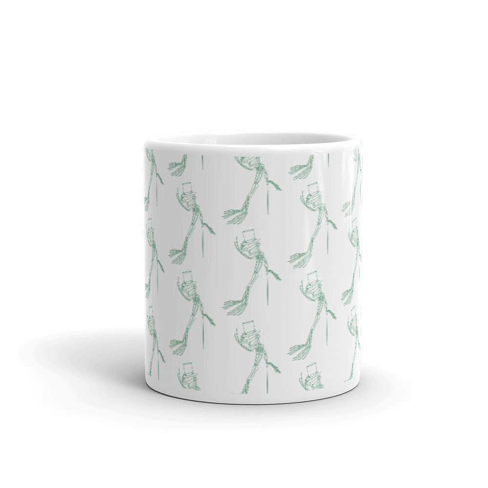 White glossy mug frog skeleton pattern green