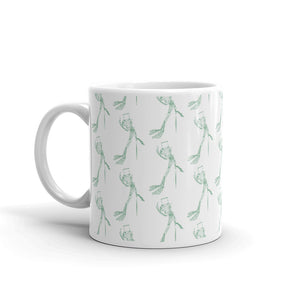 White glossy mug frog skeleton pattern green