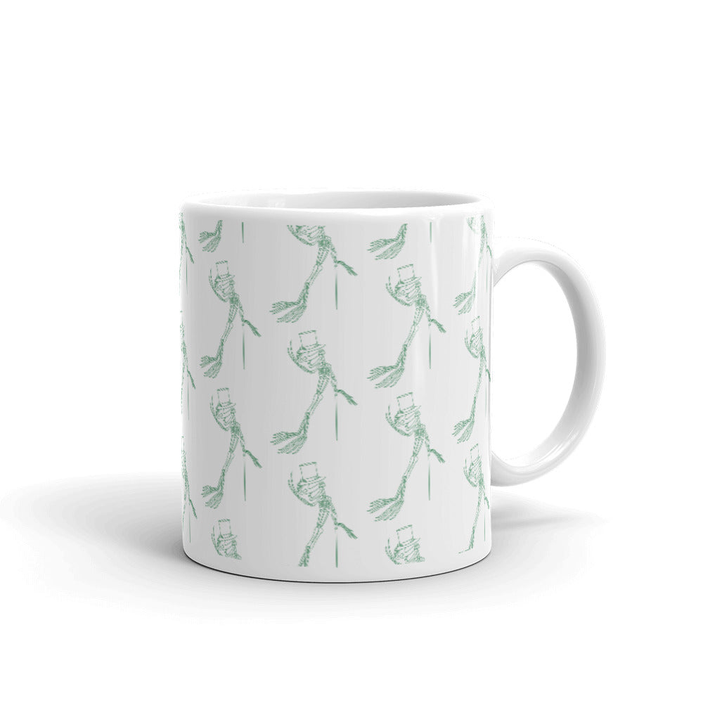 White glossy mug frog skeleton pattern green