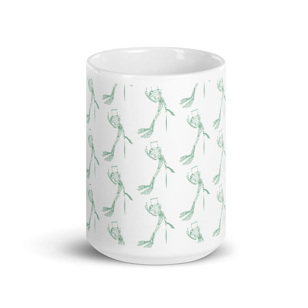 White glossy mug frog skeleton pattern green