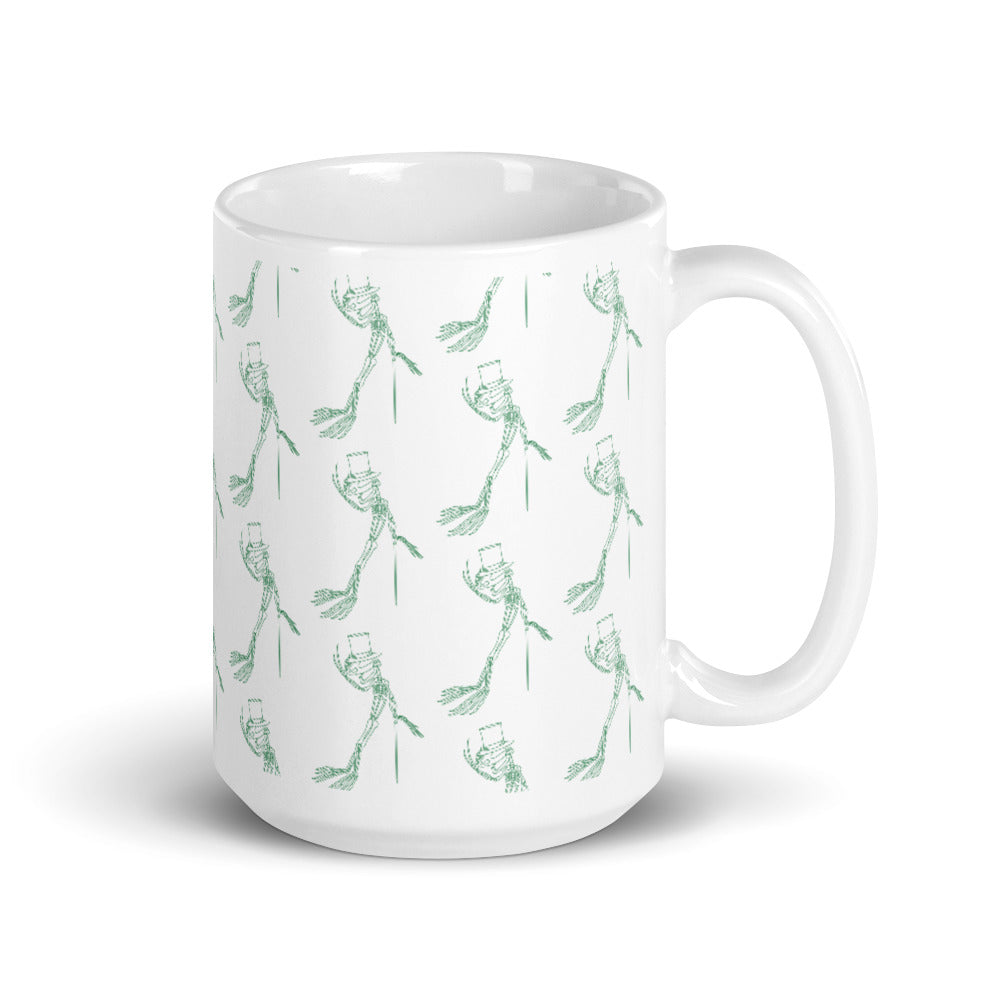 White glossy mug frog skeleton pattern green